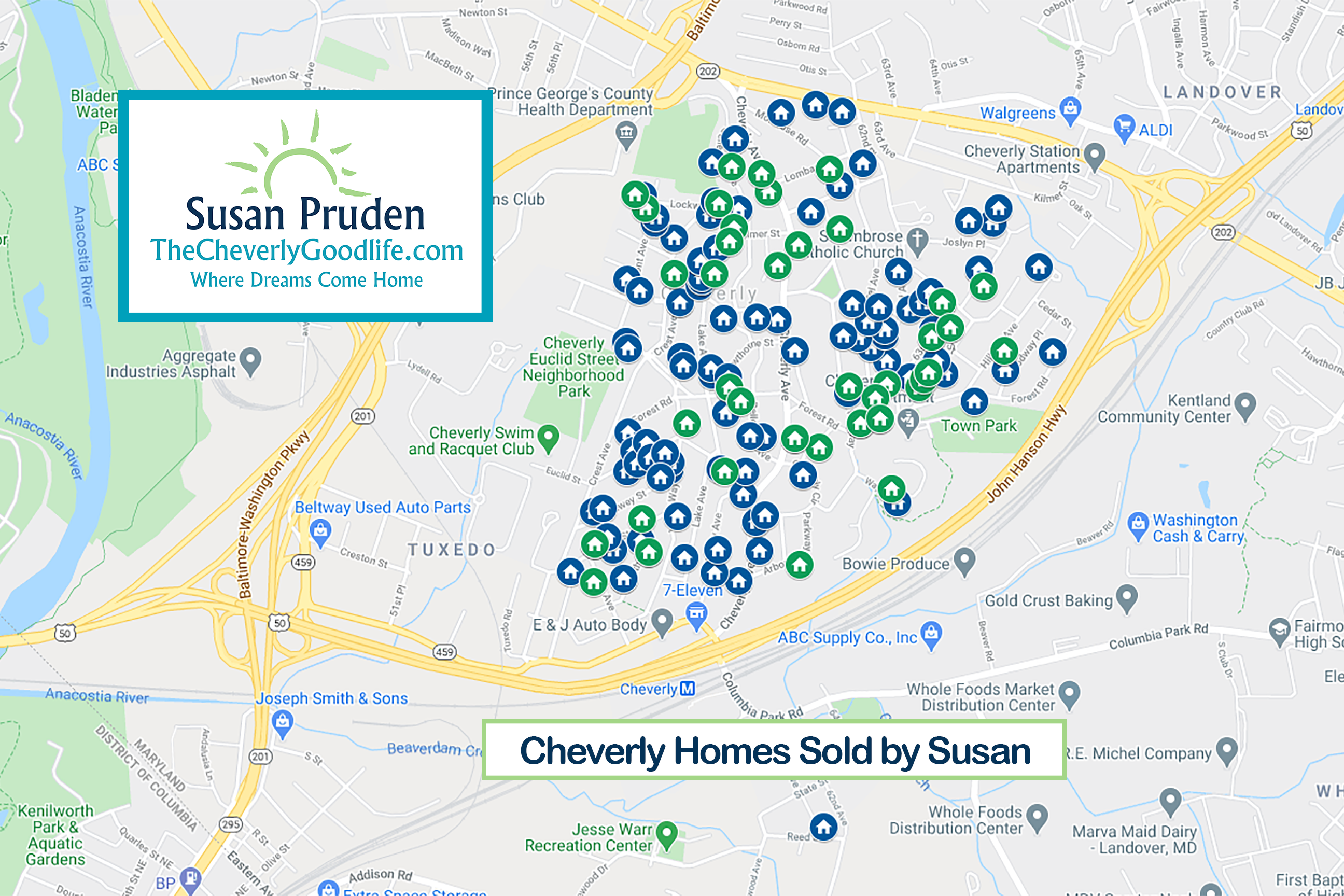 Map of Susan's Cheverly Sales - over 150 Cheverly Homes Sold